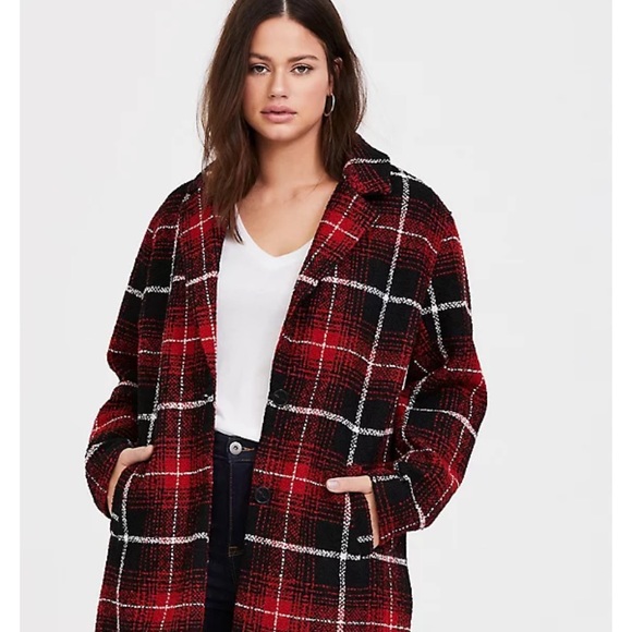 Torrid RED & BLACK PLAID WOOLEN WEDGE COAT - Picture 1 of 13